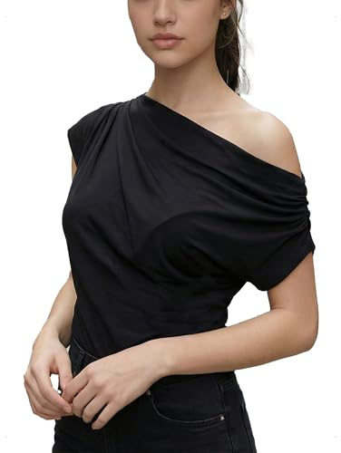 EMOTTOS Sexy Top Donna Asimmetrico con Spalla Scoperta e Increspata, Maglietta Maniche Corte Slim Fit, T-Shirt Top Elegante Fuori Spalla Manica Corta per Casual Feste Estivo Bianco/Nero, Taglia Unica