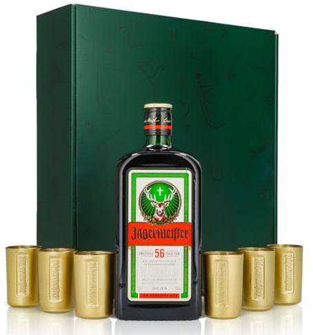 Sipply Geschenkset 7-teilig mit 6 Shotgläser Gold und 1 Flasche Jägermeister 0,7l 35,0% Vol. | mit Geschenkverpackung: Grün | Geschenk für Frauen Männer Mama Papa Freundin zu Weihnachten Ostern