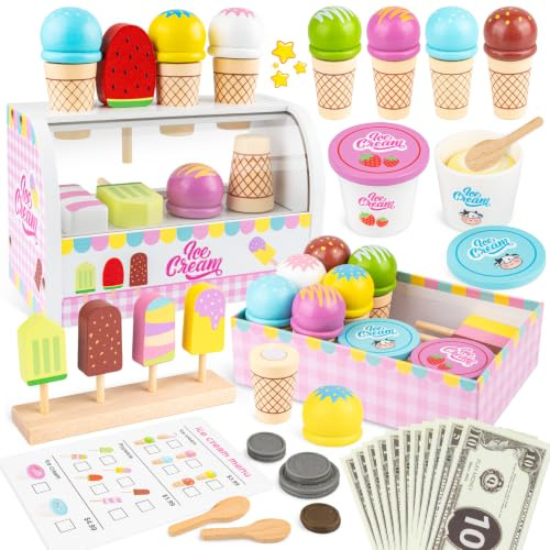 Heladeria Juguete Madera, Juego de Hacer Helados para Niños,Regalos Niños | Cocinita Infantil, Juguete Montessori, Tienda de Helados con Accesorios, Juego de rol, Regalo Navidad para Niños y Niñas 3+