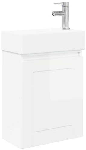 Owoxanthellate Mobile sottolavabo da bagno con lavandino e rubinetto, set di mobili da bagno stretti da 45,5 cm, da appendere alla parete, lavabo in ceramica bianco lucido, salvaspazio, per bagno