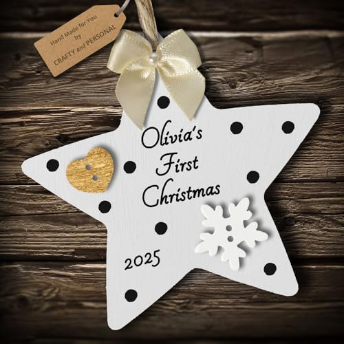 Multi-Colour Personalised Baby's First 1st Christmas Bauble Star tree decoration gift wooden hanging ornament keepsake for boy or girl (White #6)