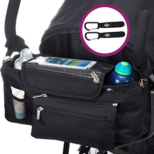 Kinderwagen Organizer und Kinderwagen Clips x 2 oder Aufbewahrungstasche mit Reißverschlusstasche und Geldbeutel. Schwarz. BTR