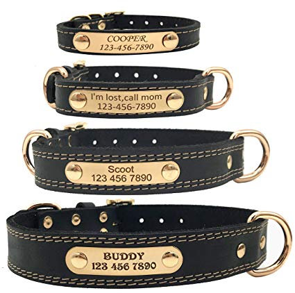 MJ-July Personalized Soft Genuine Leather Dog Collar Custom ID Dog Collar with Engraved Nameplate Black S