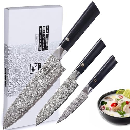 zayiko Black Edition Damastmesser 3er Messer-Set I Klingen von 9-18 cm gefertigt aus 67 Lagen edlem dunklen Damaststahl & Pakkaholzgriff I Premium Küchenmesser & Profi Kochmesser im Set