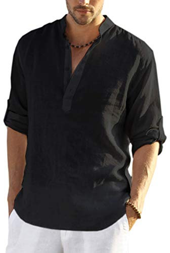 COOFANDY Men's Cotton Linen Henley Shirt Long Sleeve Hippie Casual Beach T Shirts, Black, Medium