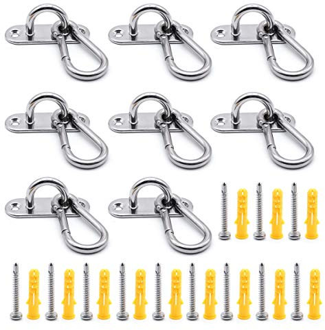 MgcTolBox 8 Sets M6 Eye Pad Plate and Metal Staple Ring Hook Heavy Duty Metal Pad Eye Plate and Carabiner Clips with 16 Screws for Hammocks, Suspension Training Straps,Shade Sails