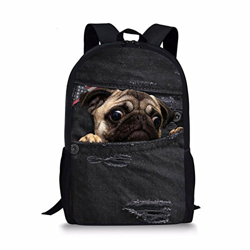 Binienty Schulrucksack für Kinder, Jungen, Mädchen, Teenager, leicht, für Bücher, Laptop, lässiger Tagesrucksack, Mops, Einheitsgröße