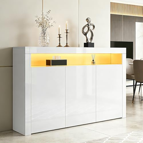 Sideboard High Gloss 3 Doors Sideboard Cabinet Storage Cupboard with LED Lights Modern Living Room Bedroom Furniture (White)