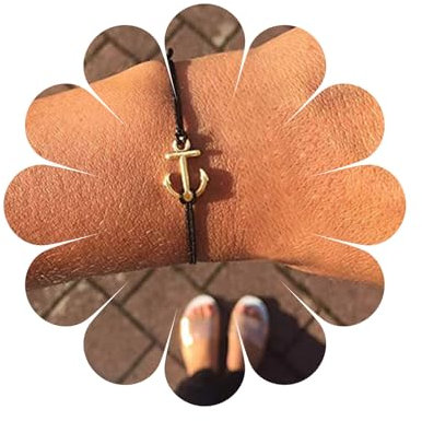 Allereya Boho Anker Armband Geschichtetes Leder Seil Armband Schwarze Schnur Kordel Armband Unisex Handkette Armband Schmuck Geschenke für Frauen und Mädchen (Gold)
