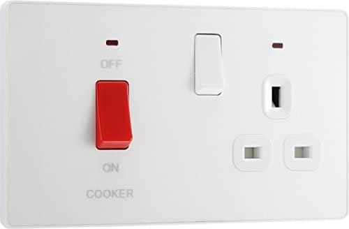 BG Electrical Cooker Switch with Socket and LED, Cooker Control Unit, Control Socket, Double Pole, Screwless Front Plate, Evolve, Pearlescent White, 45A, PCDCL70W