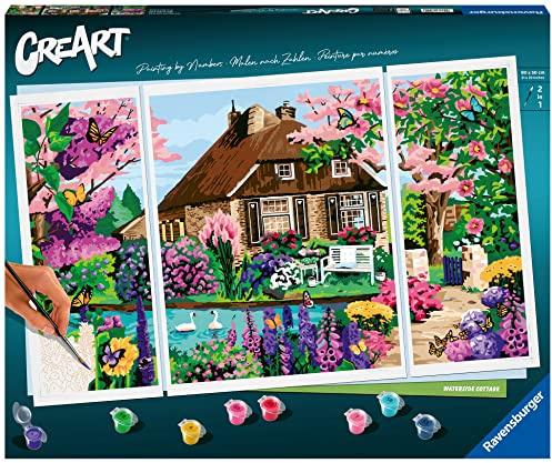 Ravensburger CreArt 23550 - Zauberhaftes Cottage - Triptychon Malen nach Zahlen Erwachsene, DIY Malset mit Pinsel und Acrylfarben, Geschenk für Frauen und Männer, Malen für Erwachsene