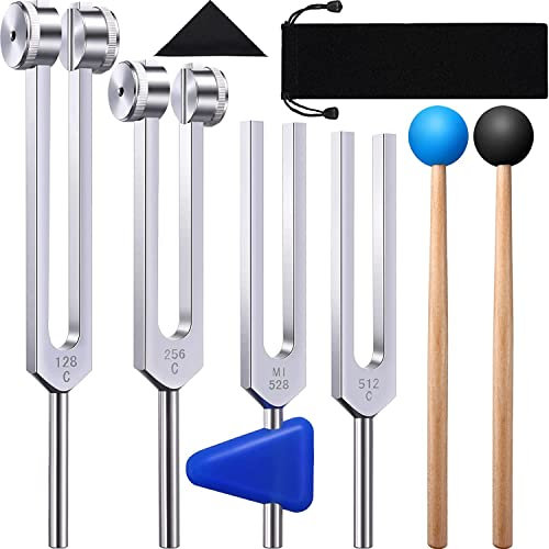 Sxdluzi 4 Packungen Stimmgabel Set (128 Hz, 256 Hz, 512 Hz, 528 Hz) mit Stimmgabelhammer für Klangheilungs Vibrationswerkzeuge