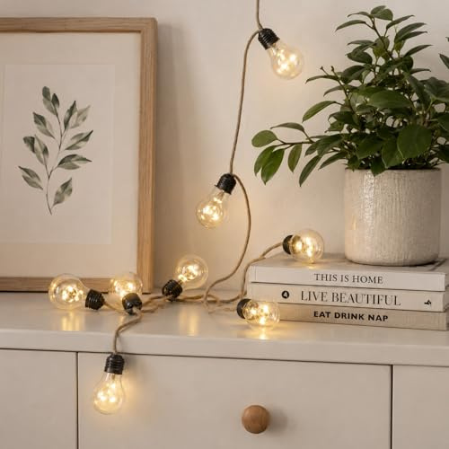 LED Lichterkette aus Naturseil Juteseil mit 10 tramnsparenten Glühbirnen mit je 3 LED maritime Dekoration Indoor Dekolichterkette L: 225cm Batteriebetrieb transparent