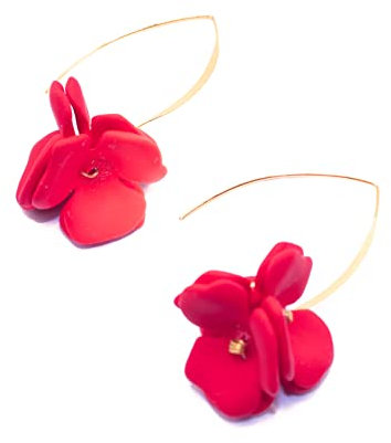 NILUXE DESIGN - Boucles d'oreilles Fleurs Pendantes avec Crochet Plaqué Or - Boucles d'oreilles Femme Pétales - Boucles d'oreilles pour Fêtes d'Été - Élégantes à Porter et Parfaites à Offrir (Rouge)