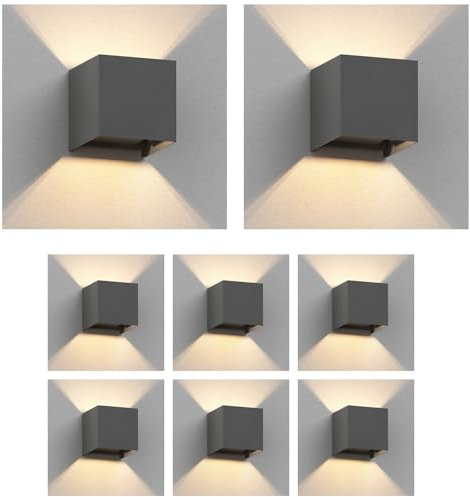 ledscom.de 8 Stück Wandleuchte CUBEL für außen, anthrazit, IP65, Up & Downlight, quadratisch + LED Lampe 501lm, warmweiß