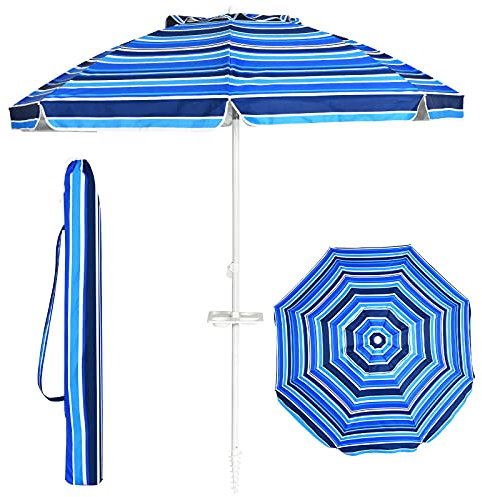 KOMFOTTEU Parasol de Plage 200 cm avec Porte-gobelet, Parasol Pliable avec Sac de transportdes, Parasol Rond, ajustable de deux Côtés à 30°, pour Terrasse, Balcon, Jardin (Rayure bleu foncé)