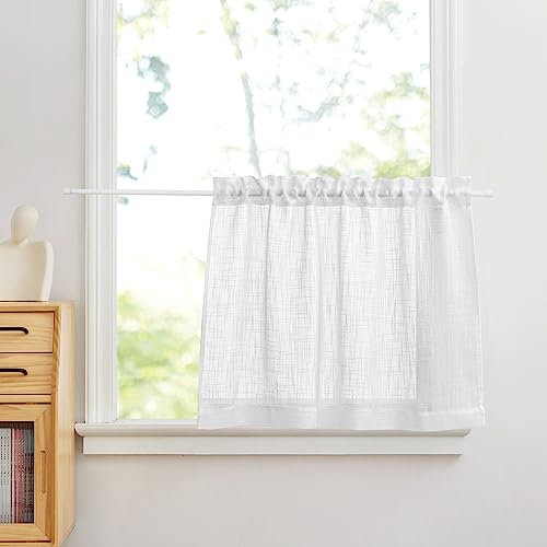 PONY DANCE Fenstergardine Kurz Bistrogardine Küche Wohnwagen Vorhang 1er Set B 90 x H 45 cm Gardinen Weiss Halbtransparent Scheibengardinen Leinenoptik für Kleine Fenster