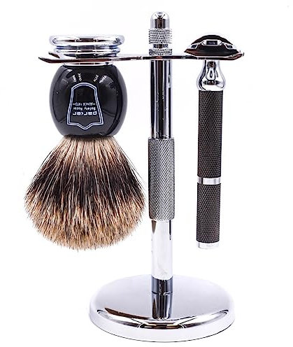 Parker Safety Razor, 71R Rasierhobel Rasierhobel Set - Inklusive Deluxe Pure Dachshaarpinsel, Chromständer, Parker Doppelkanten-Sicherheitsrasierer