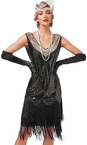 Odizli 20er Jahre Kostüm Damen Vintage Gatsby Glitzer Pailletten 1920er Charleston Flapper Fransenkleid Frauen Sexy Ärmellos V-Ausschnitt Kurz Abendkleid Hochzeit Party Cocktailkleid Schwarz Gold L