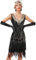 Odizli 20er Jahre Kostüm Damen Vintage Gatsby Glitzer Pailletten 1920er Charleston Flapper Fransenkleid Frauen Sexy Ärmellos V-Ausschnitt Kurz Abendkleid Hochzeit Party Cocktailkleid Schwarz Gold L