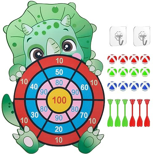 Flintronic Triceratops Spielzeug, Kinder Klett Dartscheibe Drinnen und Draußen, Hängendes Dart Wurfspiel Sets mit 12 Klebrigen Bällen und 6 Klebrige Darts, Geburtstags Geschenke für Kinder 3–12