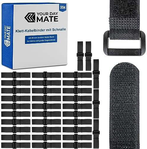Klett-Kabelbinder mit Schnalle, 35 Pack, sechs Größen Set, in Schwarz, Kabelklett aus Nylon, Schnallenklettband, wiederverschließbare Kabelorganisation, Kabelbinder Klett Verschluss, Klemme Kabel Band