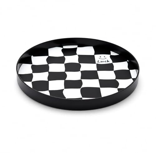 Round Decorative Tray for Table Storage, Checkerboard Design