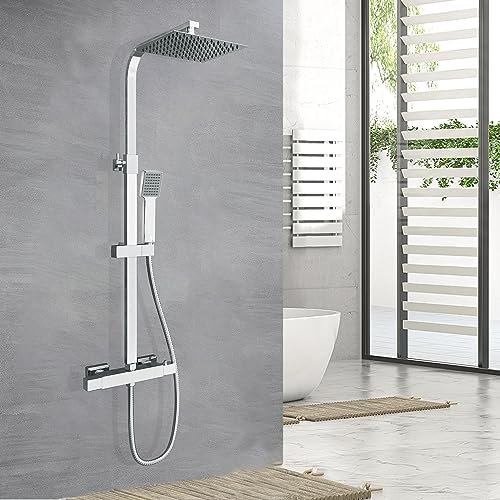 HAPAOSO Colonne de douche thermostatique, douche pluie réglable en hauteur, colonne de douche haute pression, ensemble carré de douche avec mitigeur chrome