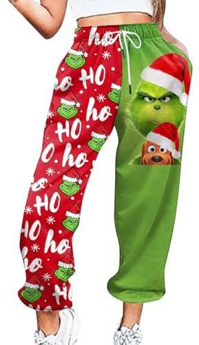 Weihnachten Jogginghose Damen, Grinch Damen Jogginghose Warme Fleece Freizeithose Sweatpants Winter Verdickte Sporthosen Gefütterte Jogger Hose Bedruckte Kordelzug Traininghose mit Tasche