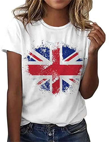 HAOLEI Union Jack T Shirt Women UK Sale Clearance,Ladies Union Jack Tops Crewneck Short Sleeved Blouse Slim Fit Britain Flags Printed Casual Loose Graphic Tee Shirts Summer Heart Tops Size S-XXL