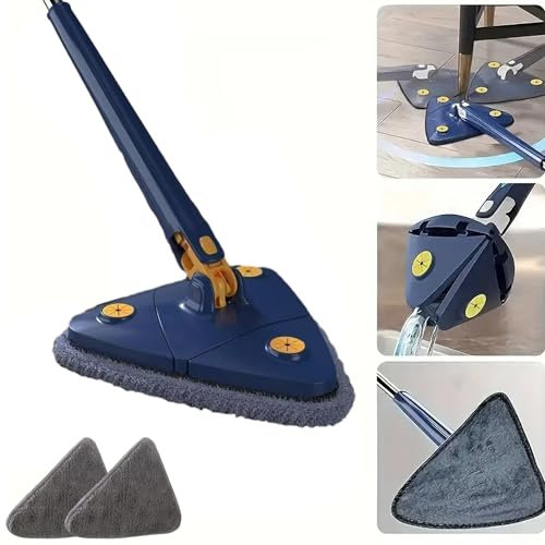Lavapavimenti triangolare Angel Mop, mocio rotante a 360° con funzione strizzatrice, Magic Mop 360° (blu, con 2 panni)