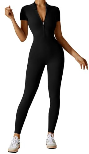 Litthing Women Yoga Jumpsuit Stretchy Zip up Short Sleeve Unitard Slim Fit | Gym Playsuit, Sports Romper, All in One Bodycon Bodysuit, Tight, Workout One Piece, Smooth Touch, Push Up, Daily Wear