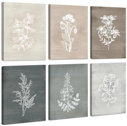 BINCUE Botanischer Blumen Bilder,Abstrakte Botanische Wandbilder,Botanischer Leinwand Wandkunst,Vintage Blumen Boho Bilder,Minimalistische Linie Wanddeko für Schlafzimmer Wohnzimmer(16x12 zoll* 6pcs)