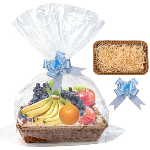 NIXRET Geschenkkorb Leer Se, Mit Zugschleifen Und Transparenten Geschenktü | KöRbe FüR Geschenke Für Geschenkkorb, Körbchen aus Polypropylen, Brotkästen, Für Urlaub und Geschenke (35 x 25CM)