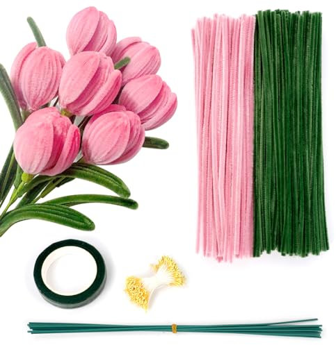 Ainiv Pfeifenreiniger Bunt zum Basteln, Tulpe Blumenstrauß Pfeifenreiniger Set mit 200 Stück Pfeifenputzer Bunt mit 2 Farben (Grün+Rosa), 30cm Pipe Cleaner Basteln für DIY Handwerksprojekte