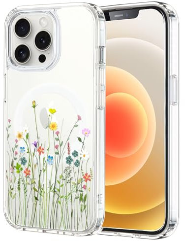 Unov Case Compatible with iPhone 15 Pro Max Case Magnetic Clear with Design Compatible with MagSafe Slim Protective Soft TPU Bumper with Hard PC Back Embossed Pattern (Flower Bouquet)