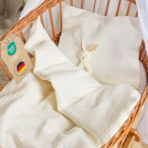 Laleni Baby Bettwäsche 80x80 cm aus Baumwolle - Musselin Bettwäsche Baby 80x80 + Musselin Kissenbezug 35x40 cm - Oeko-TEX zertifizierte Baumwoll Bettwäsche 80x80 - Bettwäsche Beige Baumwolle