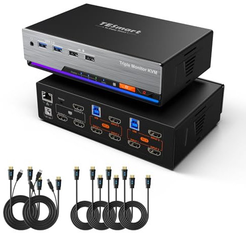 TESmart HKS203-P24 HDMI KVM Switch, 3 Monitors 2 Computers, 4K@60HZ USB 3.0 Triple Monitor KVM Switch Support Gigabit Network,EDID Emulators, Headset, Hotkey Switch, Button Switch, withAll Input Cable