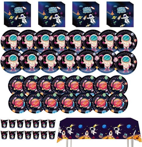 69 piezas de Vajilla fiesta espacial, Vajilla para fiestas espaciales, Vajilla de fiesta de dibujos animados, vajilla para fiestas espaciales que incluye platos, vasos, servilletas y manteles