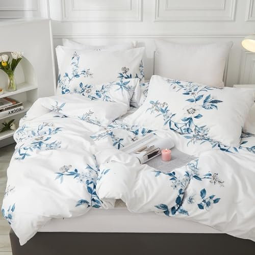 Tospass Blumen Bettwäsche 220x240cm Weiß Blau Floral Bettwäsche Set Pflanzen Blätter Mädchen Mikrofaser Wende Bettwäsche 1 Bettbezug mit Reißverschluss 2 Kissenbezug 80x80cm