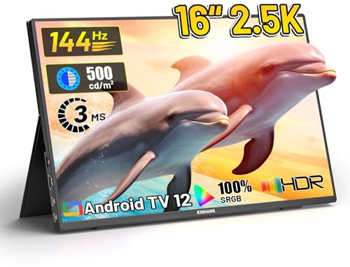 Kinhank Monitor portátil, 2,5 K, 144 Hz, 40,6 cm (16 pulgadas), Android TV 12.0 OS, 2560 x 1600 P QHD IPS, pantalla portátil para juegos, FreeSync, pantalla de 500 nits, monitor de viaje HDMI USB-C