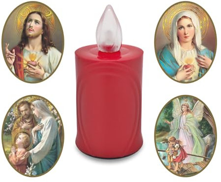 AROBA LED Grabkerze Trauerlicht - Flackereffekt wie echte Kerze - lange Brenndauer bis 120 Tage - wiederverwendbar Friedhofskerze Gedenkkerze - rot inkl. Auswahl an Heiligen