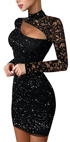 Generisch Glitzerkleid Damen, Mesh-Ärmel Enges Abendkleider mit Pailletten Sexy Langarm Wickelkleid Kurze Minikleid Elegant Curvy Partykleid Silvester Festliche Kleider für Frauen