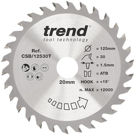 Trend Wood Akku-Kreissägeblatt, 125 mm Durchmesser, 20 mm Bohrung, 30 Zähne, 1,5 mm Schnittfuge, +15° Haken, TCT, mittlere Oberfläche, CSB/12530T