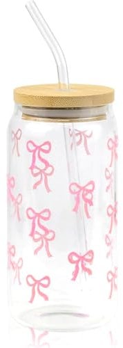 Hojalis Pink Bow Glass Cup Set, Bow Cups with Lid and Straw, 16oz Iced Coffee Cup, Aesthetic Gifts for Women Girls Friends, Glass Drinking Cup for Bubble Tea Coffee Cocktail