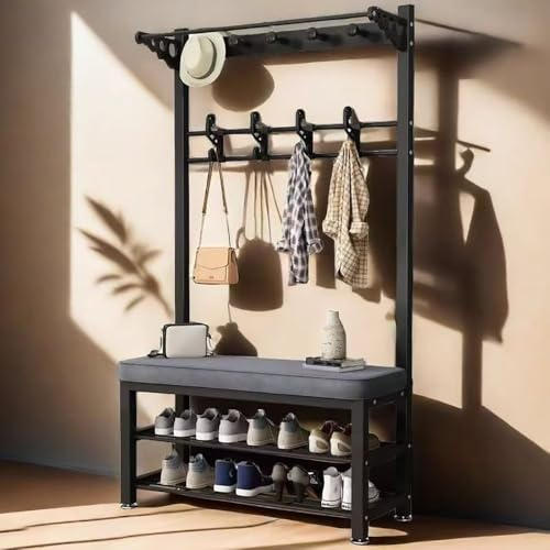 angroups Garderobenständer mit Sitzbank, Garderobe mit Schuhbank, Abnehmbare Haken, Kleiderstange mit schuhregal, Eingangsbereich Flur, Schwarz