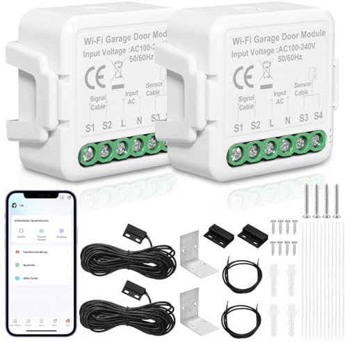 Abridor de puerta de garaje inteligente WiFi, SOARFLY apertura puerta garaje con movil control remoto de aplicación y control de voz, abrepuertas wifi compatible con Alexa y Google Asistente, 2 piezas
