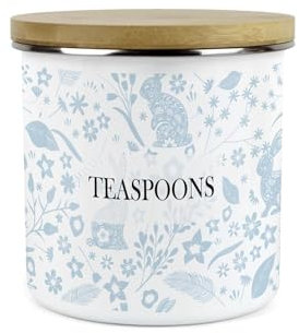 Purely Home Wild Rabbits Teaspoons Canister - Blue Foliage & Wildlife Homewares Gifts - 1.2L Enamel Kitchen Cutlery Storage Container