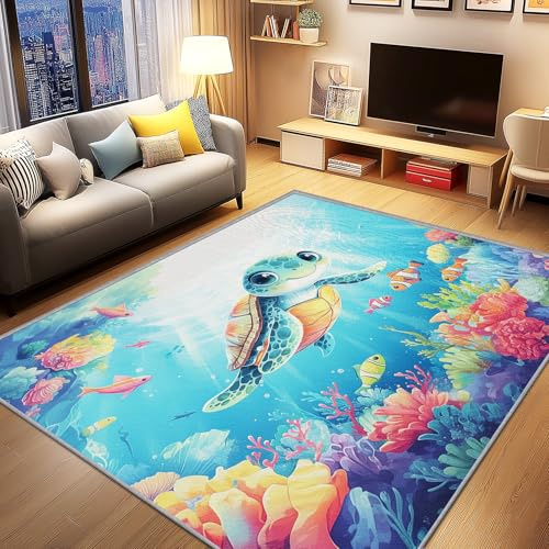 AevuCub Schildkröte Deko, Kinder Meerestier Teppich 240x340 Kurzflor, Großer Teppich Wohnzimmer Ozean Unterwasser, Weich rutschfest Waschbare Teppiche, Bettvorleger Schlafzimmer Kinderzimmer