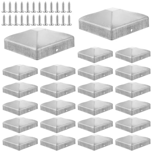 LDXDRU 24 Stück Pfostenkappe 9x9 cm, Edelstahl Zaunpfosten Kappen pfostenabdeckung 91x91 mm, Zaunpfosten Metall, Pyramiden Form Zaunpfosten Kappen Verzinkt, Pfostenkappen für Holzpfosten